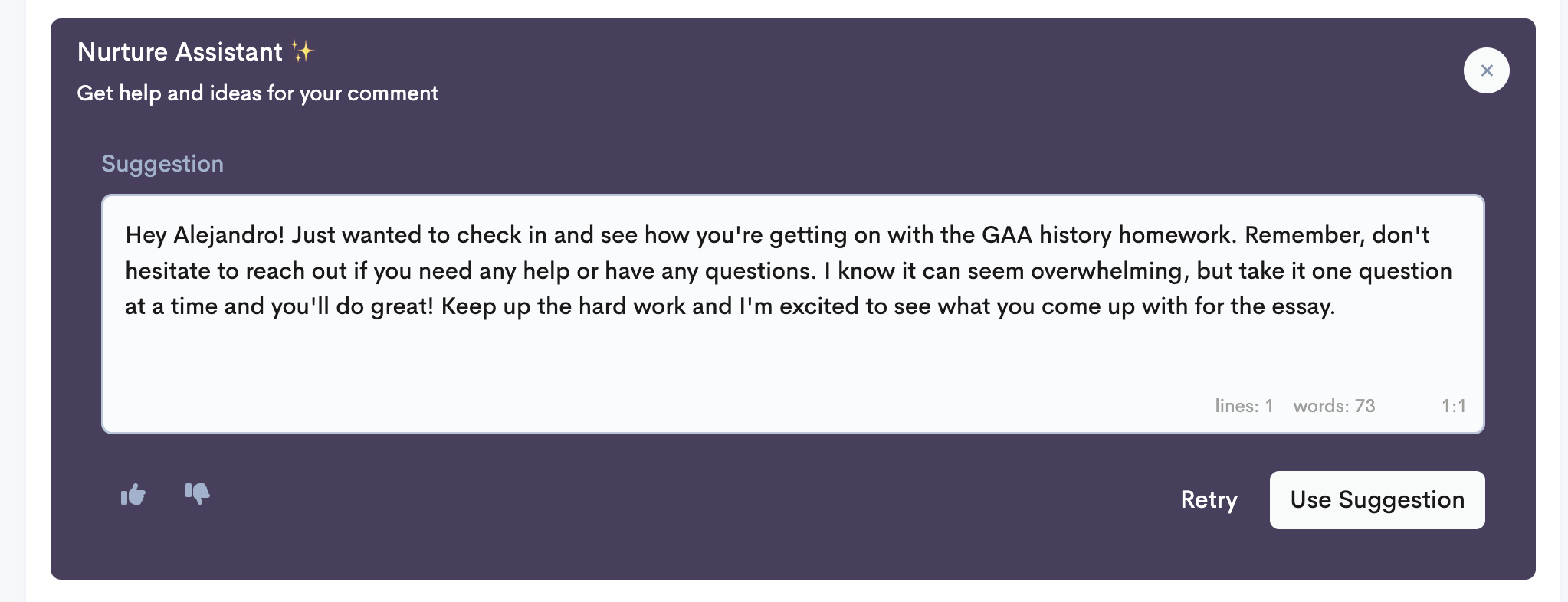 Teacher personal comment