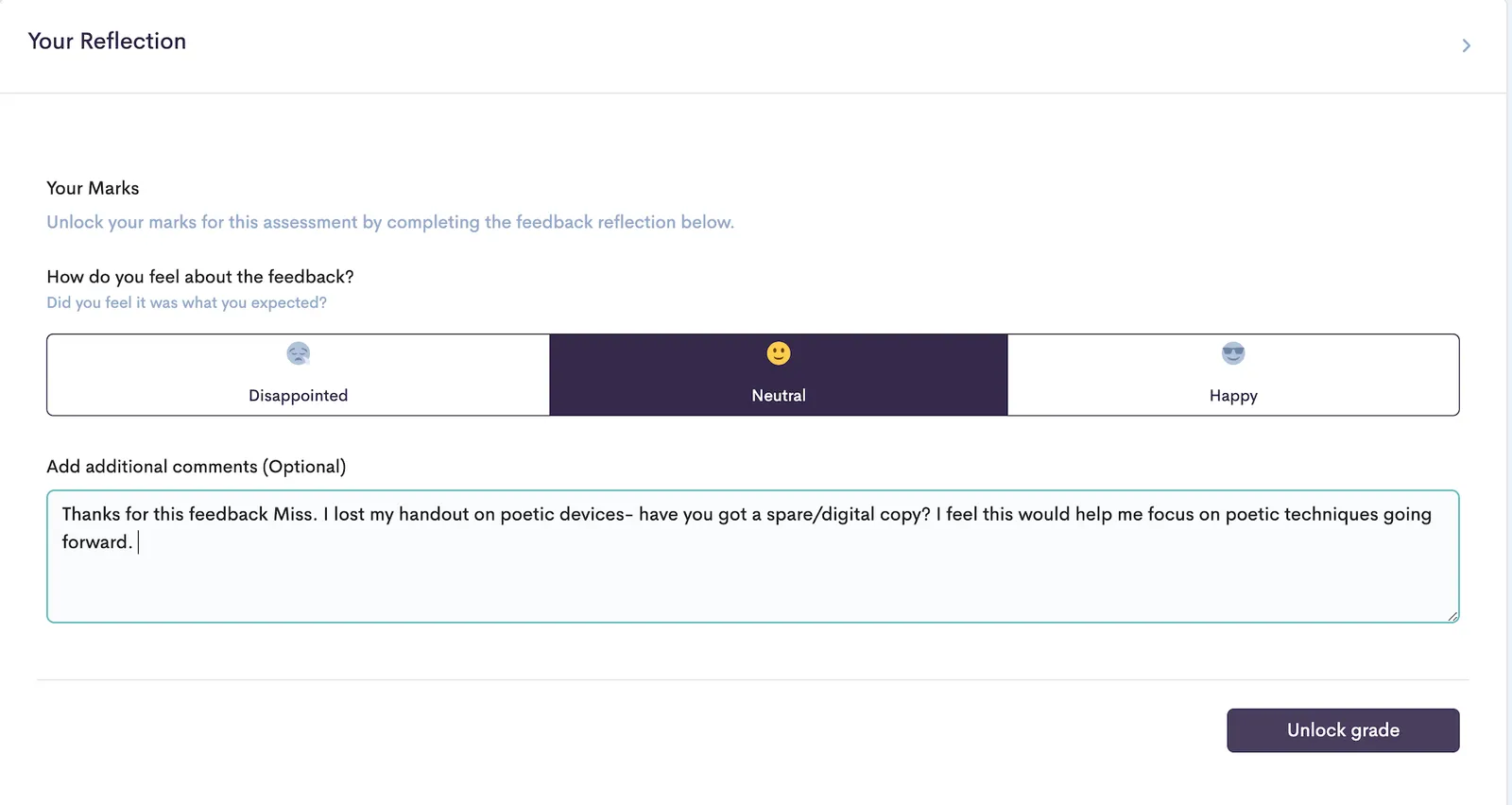 Student reflection after grade and feedback