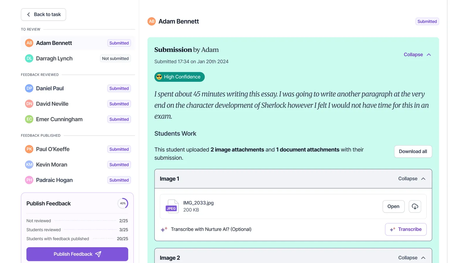 The Nurture Assessments feedback review interface