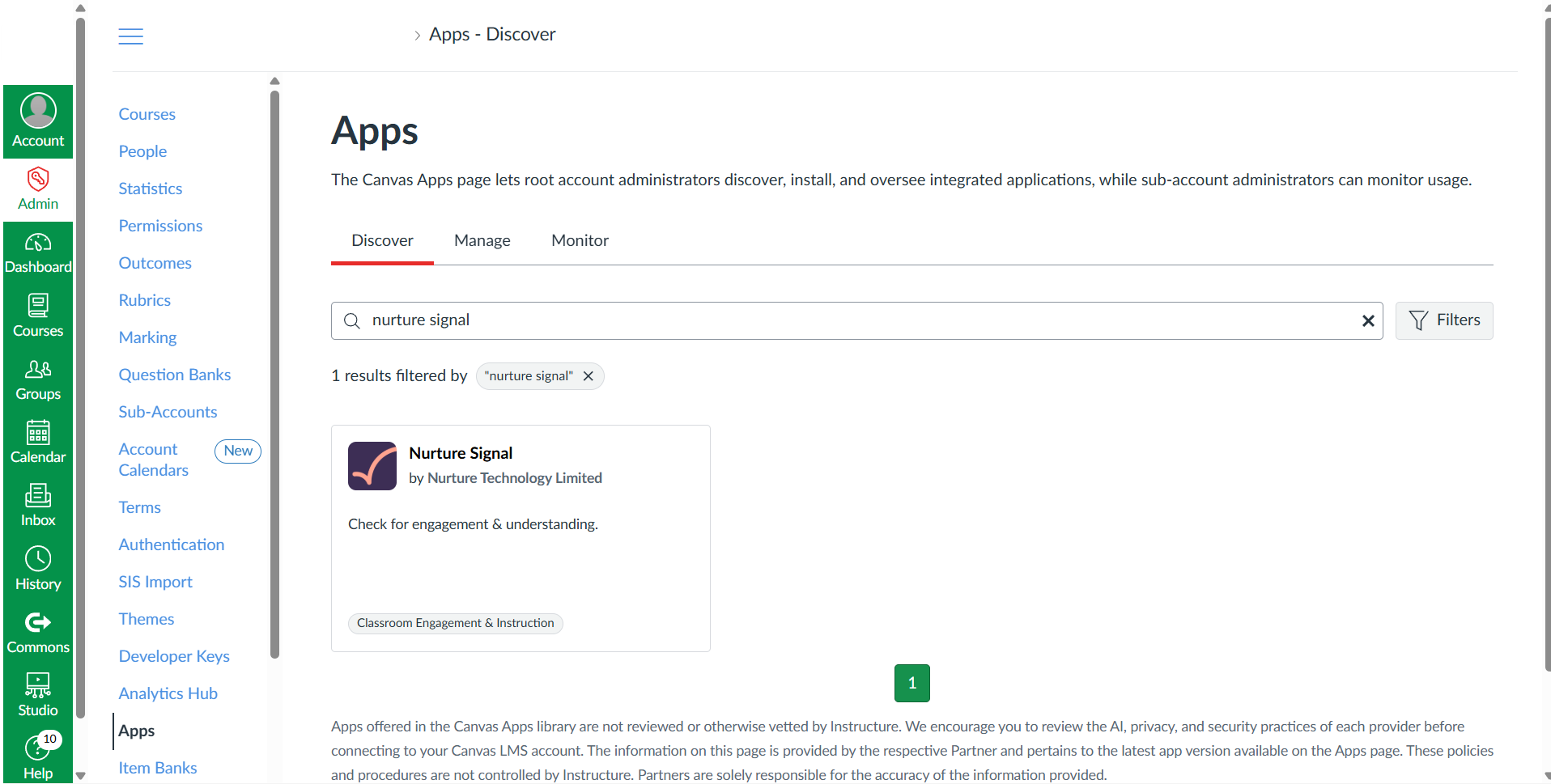 The Canvas Apps page with the Discover tab open and “nurture signal” searched, showing the Nurture Signal result