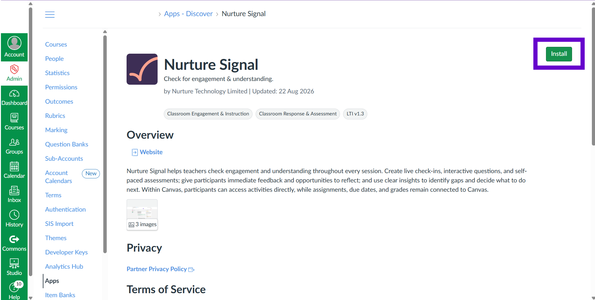 The Nurture Signal app listing in Canvas with the Install button highlighted top right