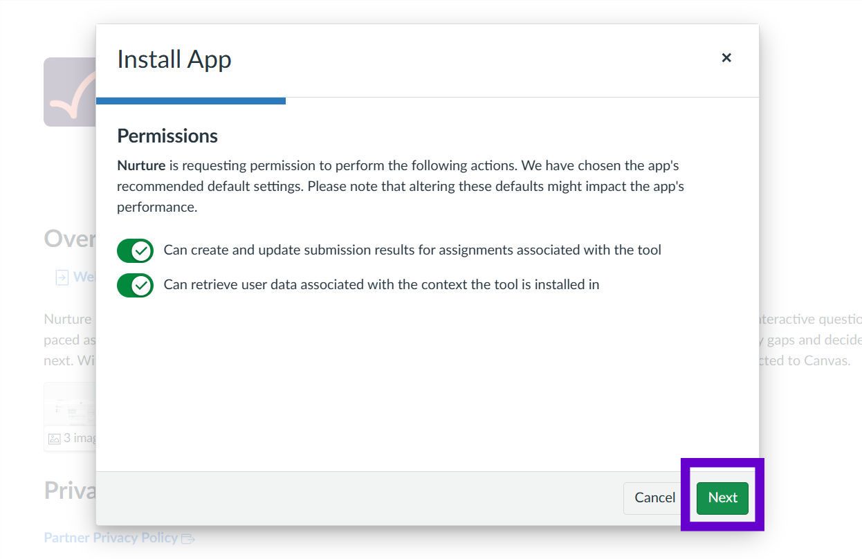 The Permissions panel of the Install App wizard with both permission toggles on and Next highlighted