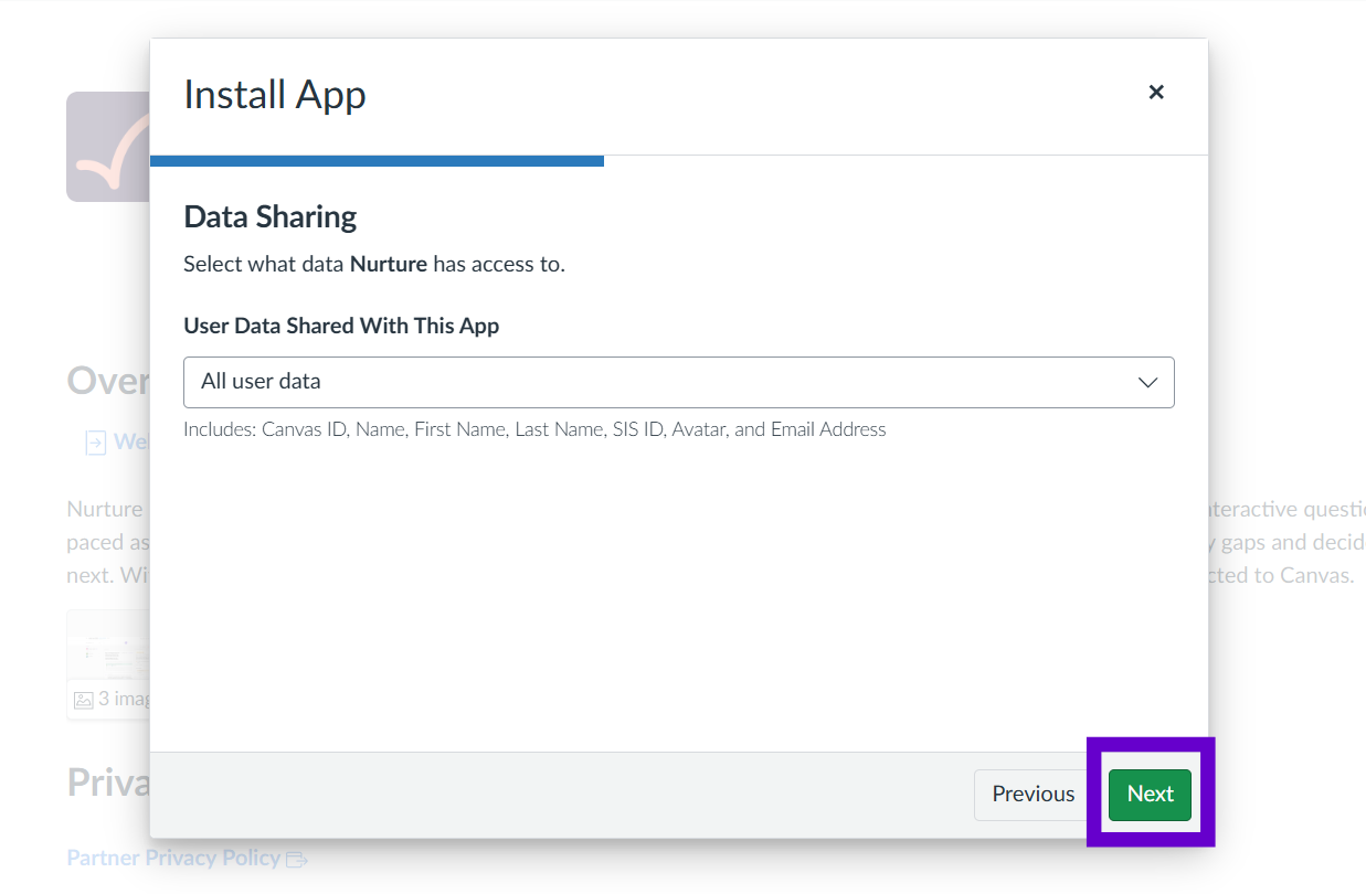 The Data Sharing panel set to All user data, listing Canvas ID, name, SIS ID, avatar and email