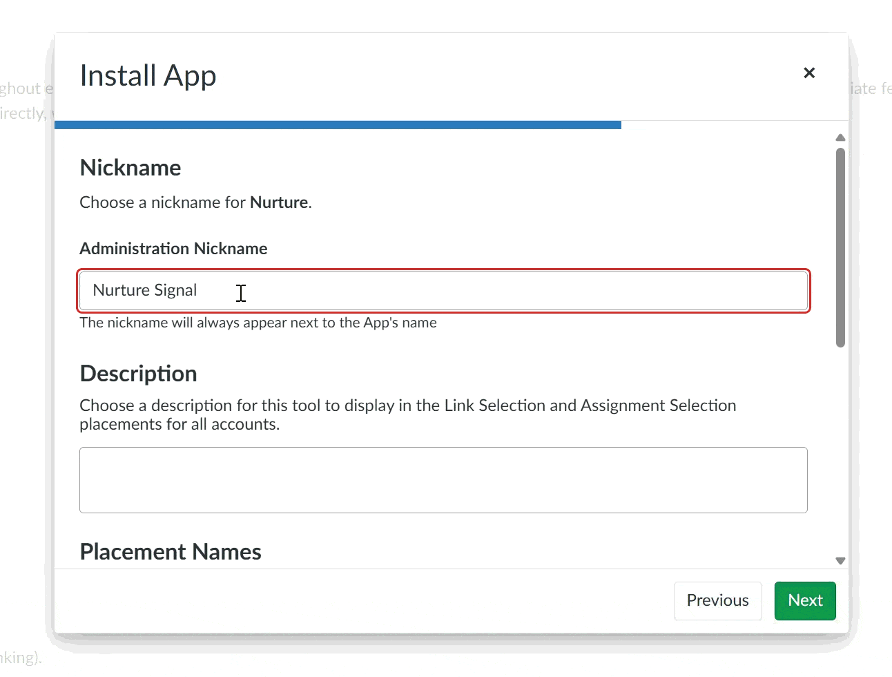 Editing the app nickname to “Nurture Signal” across each field on the naming screen