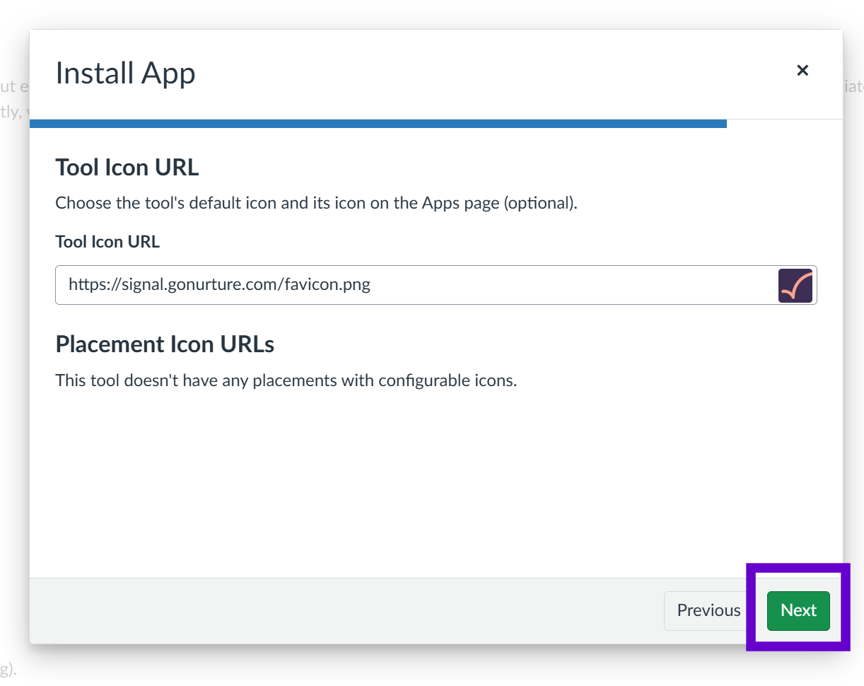 The Tool Icon URL panel showing the Nurture favicon URL, with Next highlighted