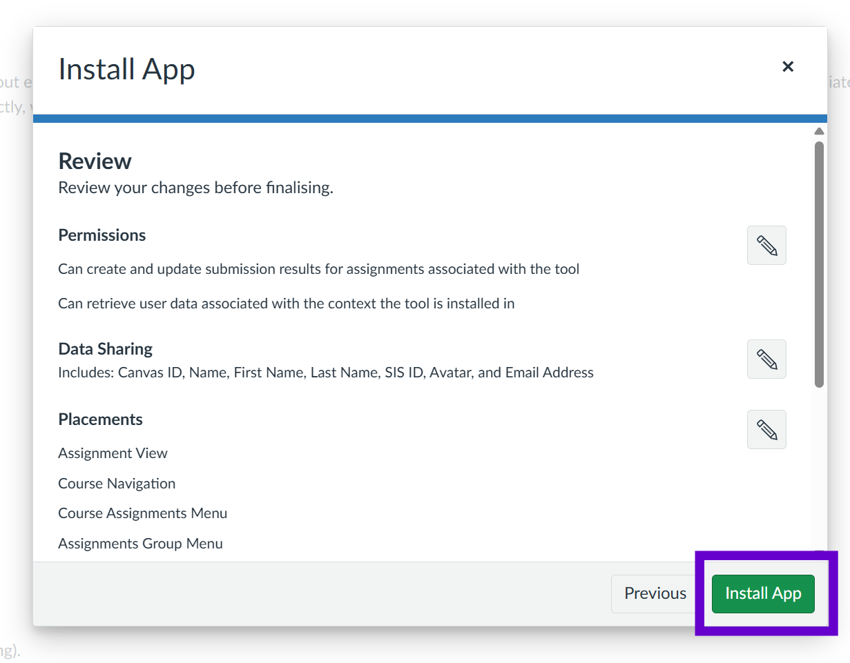The Review panel summarising permissions, data sharing and placements, with Install App highlighted