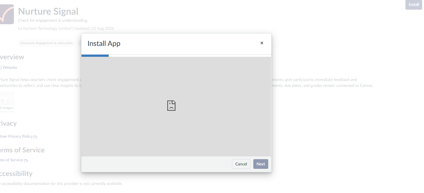 The Canvas Install App window loading empty, with a broken-image icon in the middle and the Next button greyed out