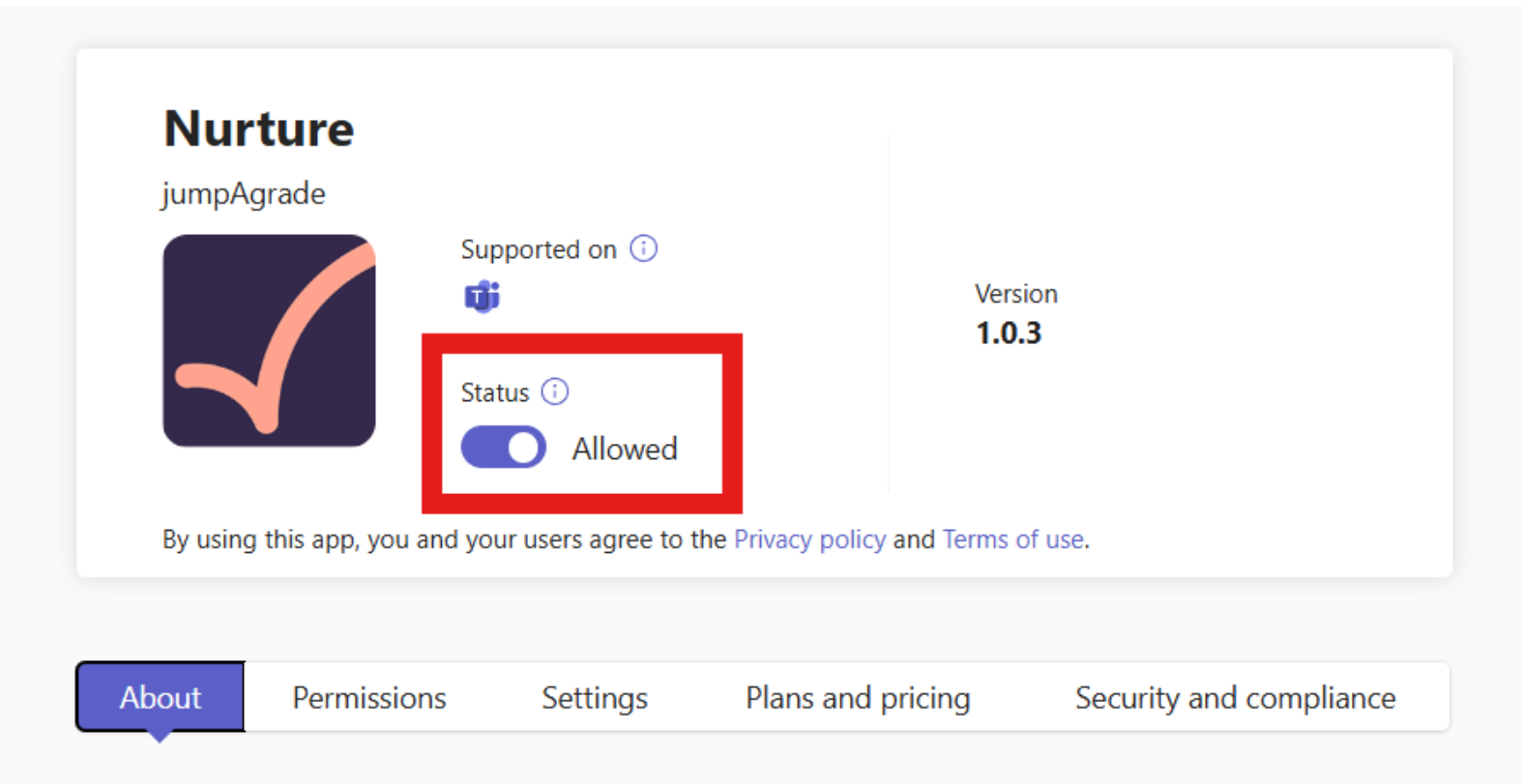 The Nurture app in the Teams admin center with its Status set to Allowed