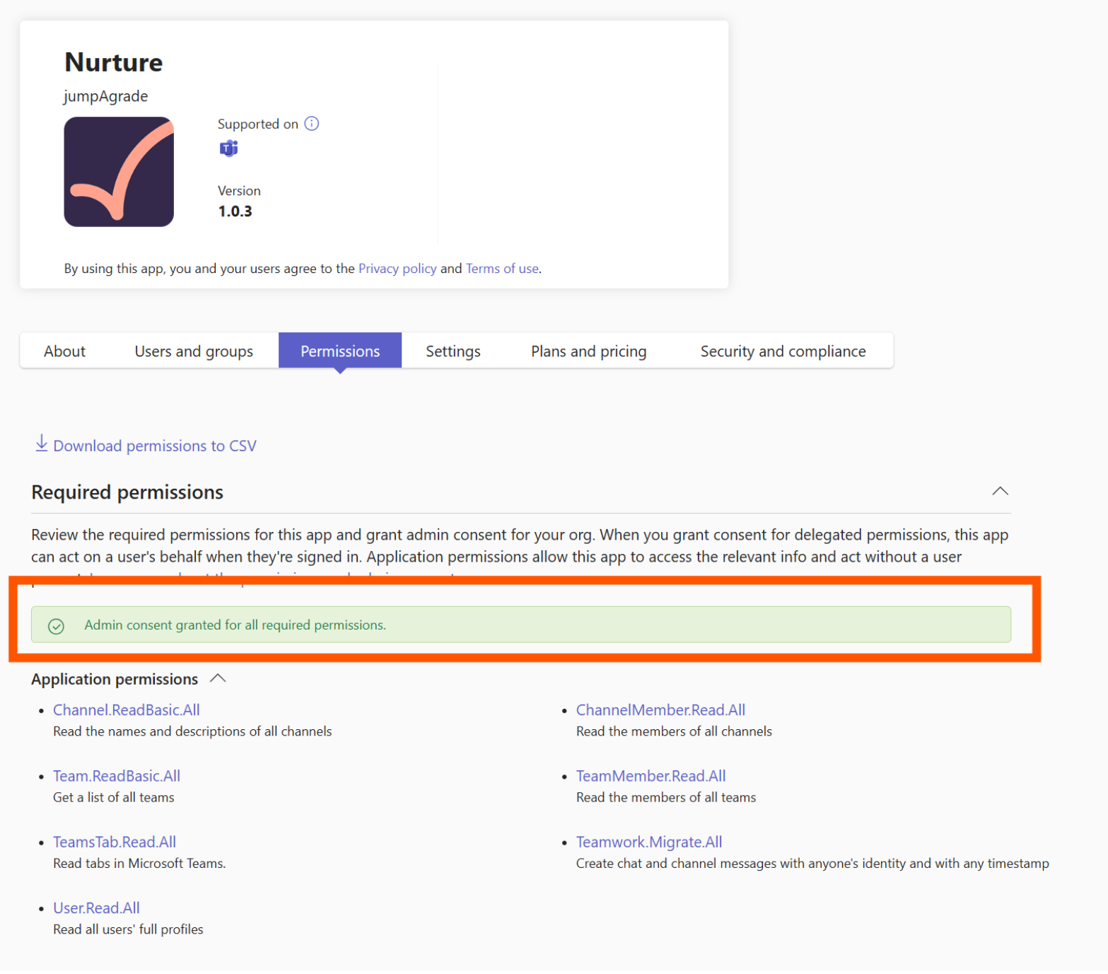 The Permissions tab showing admin consent granted for all required permissions
