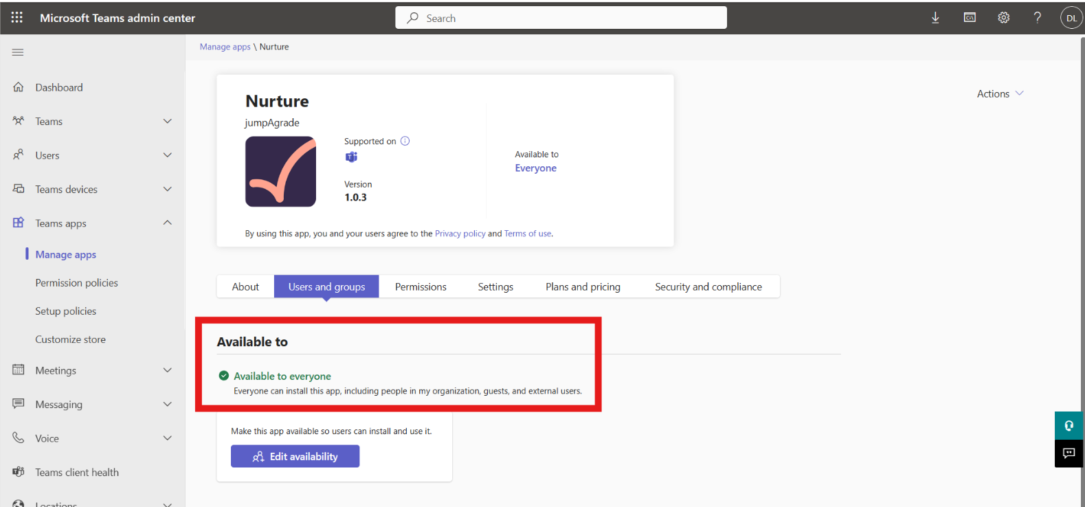 The Users and groups tab showing the app Available to everyone