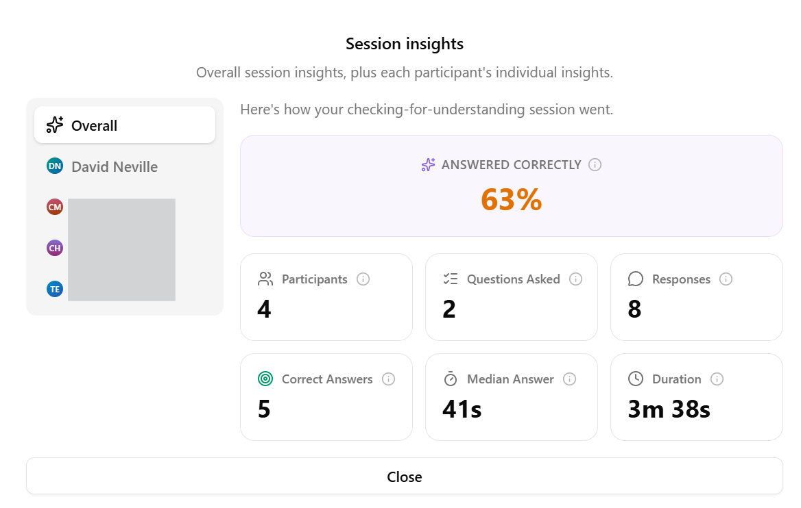 Nurture Signal session insights giving a teacher an actionable view of a lesson